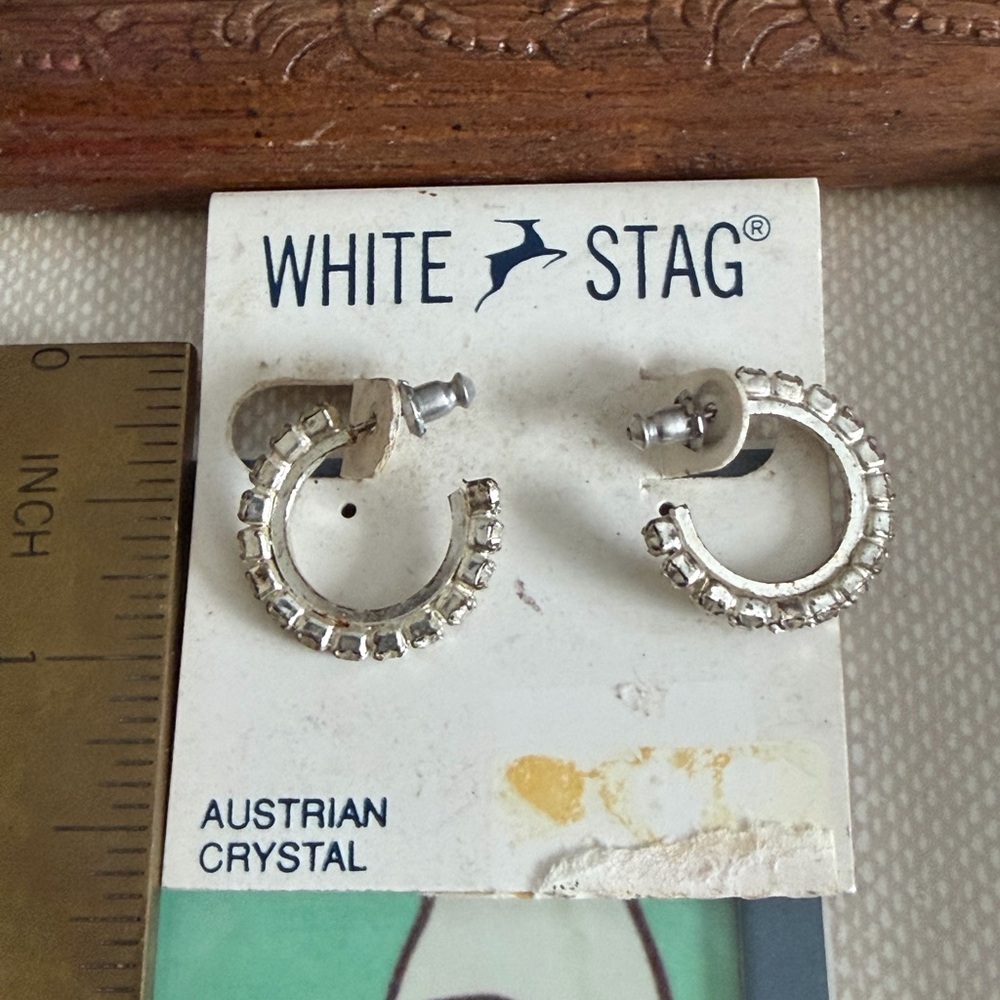 Vintage White Stag Silver Tone & Crystal Hoop Earrings